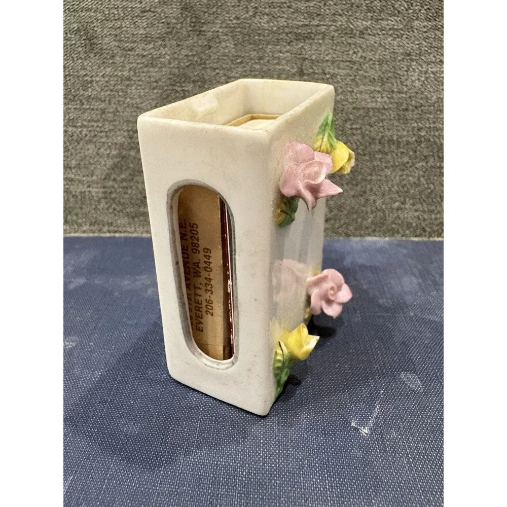 Vintage Porcelain Match Box Holder With Applied Flowers And‎ Matches